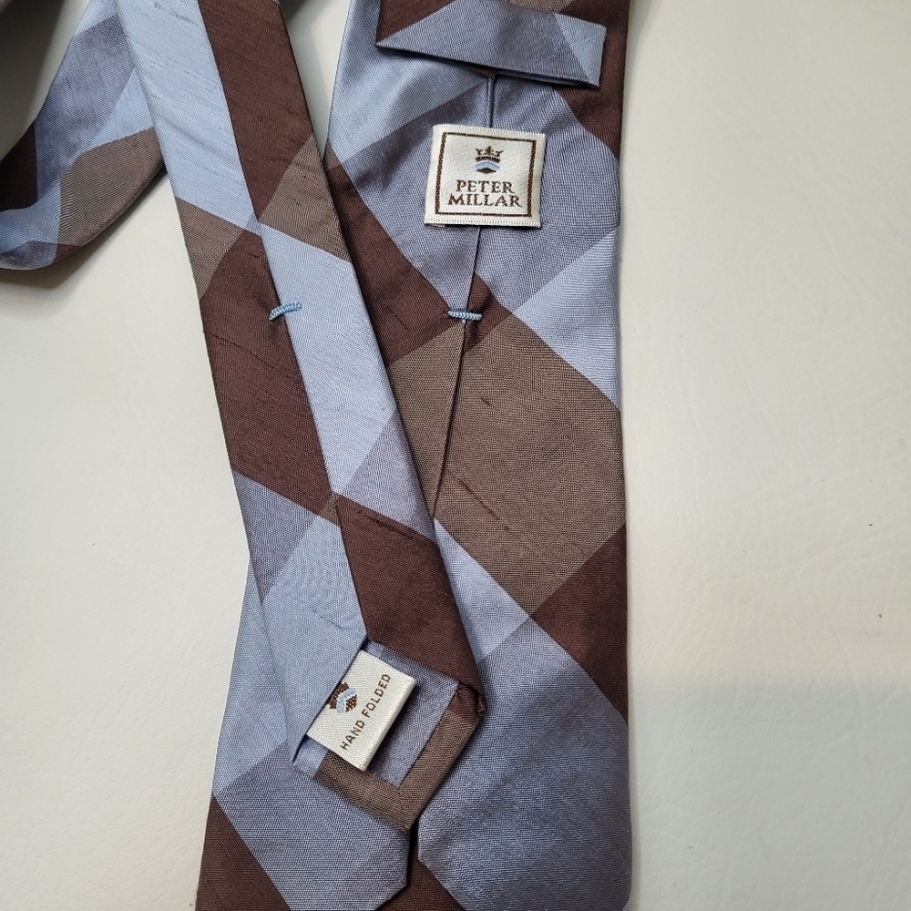 Peter Millar neck tie light blue brown plaid 100% shantung silk - Picture 5 of 6